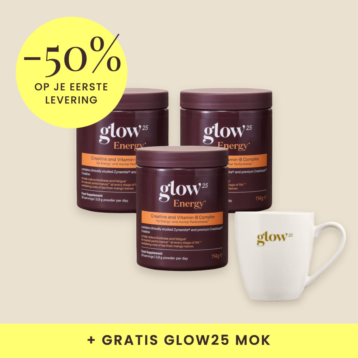 Glow25 Energy, 3 pakketten met gratis mok, Bynder-packshot