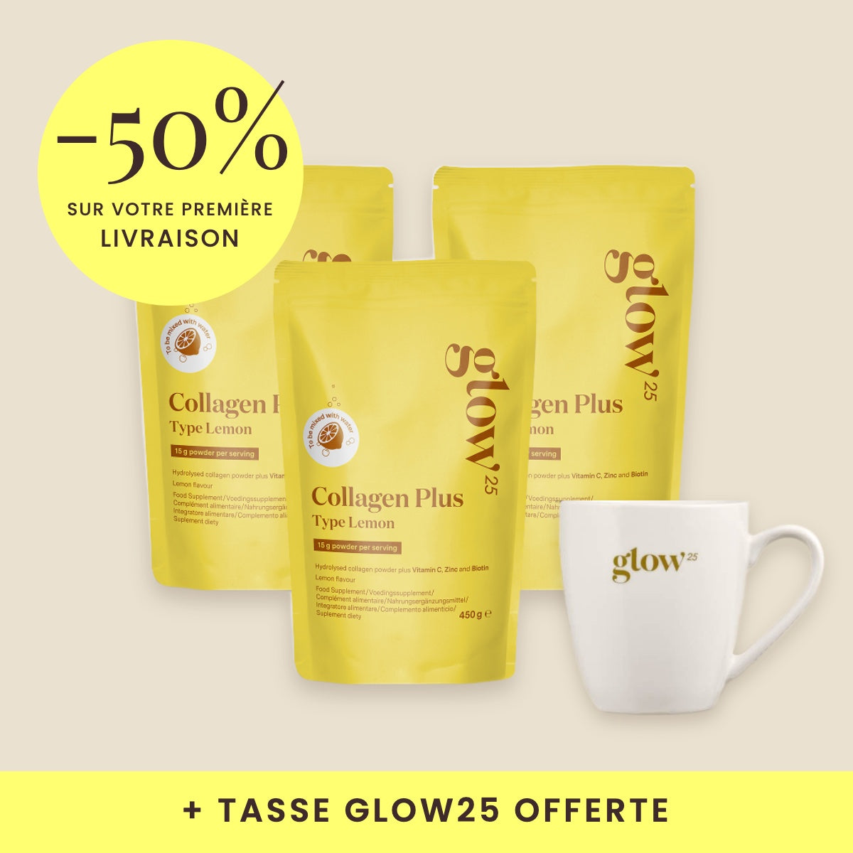 Collagène Plus Lemon, 3 paquets avec tasse offerte, packshot Bynder