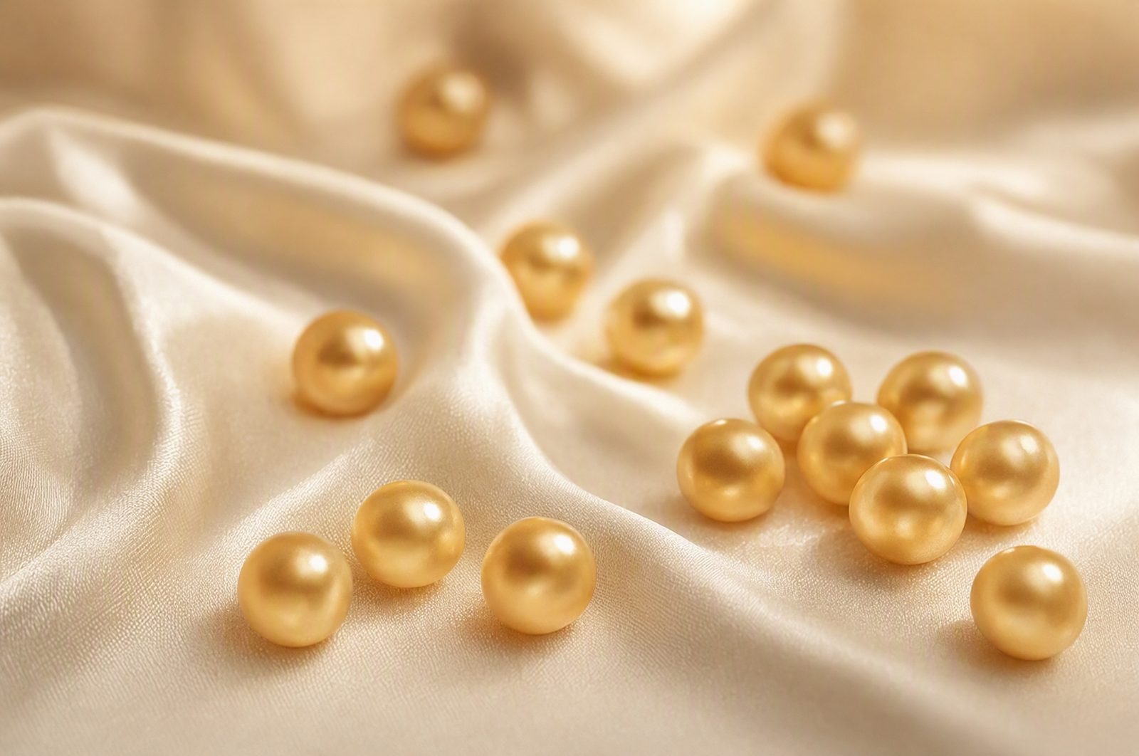 Perles dorées sur de la soie, symbole des cinq vitamines B