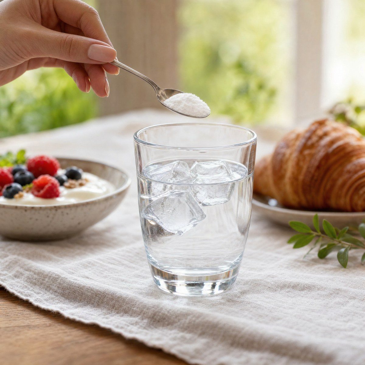 Un verre d'eau avec des glaçons sur une table de petit-déjeuner, une cuillère à café de poudre au-dessus