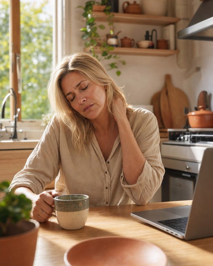 Femme à la table de la cuisine, épuisée, la main sur la nuque